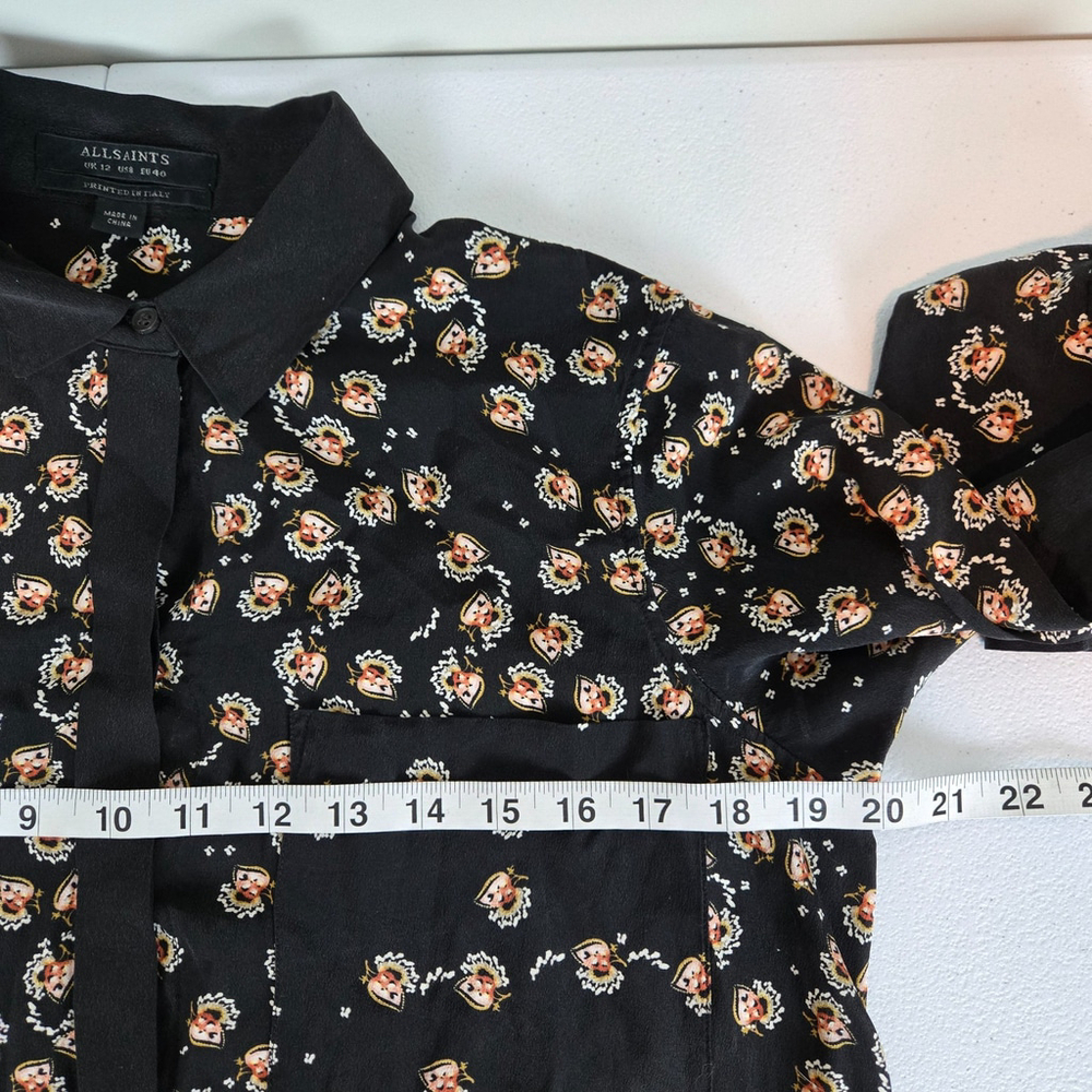 AllSaints Womens Floral Silk Shirt Dress Size 8 Black Quiet Luxury Asymmetric - Picture 7 of 8